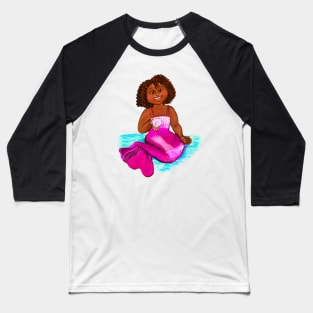 Cute Little Magical rainbow mermaid holding a pearl, brown eyes, Afro hair in two puffs and caramel brown skin - light background Baseball T-Shirt